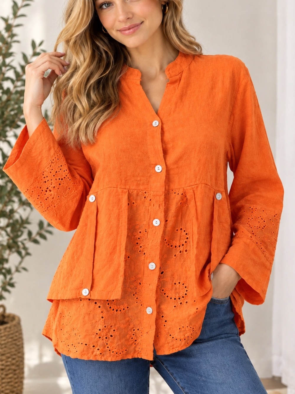 Made in Italy Linen Orange Eyelet Tunic Top Long Sleeve Button Up